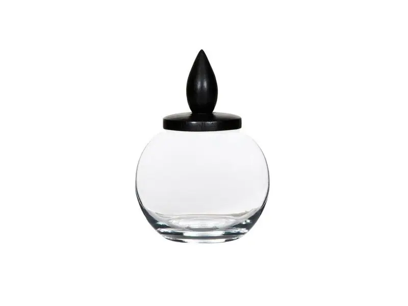clear glass candy pot with wooden cover