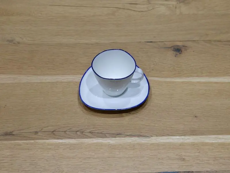 porcelain cup and saucer with blue rim