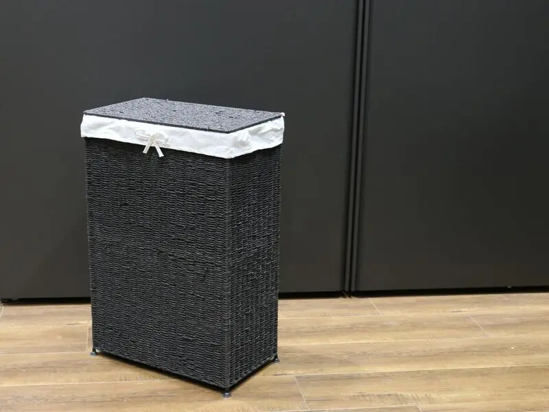 black laundry basket with fabric lining