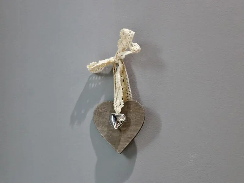 wooden heart with lace ribbon & silver color heart
