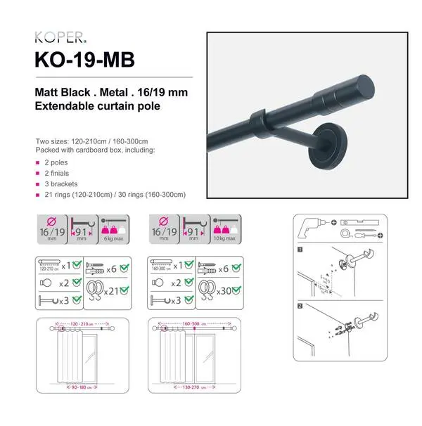 120-210CM Matt Black - small round pole - 16/19mm