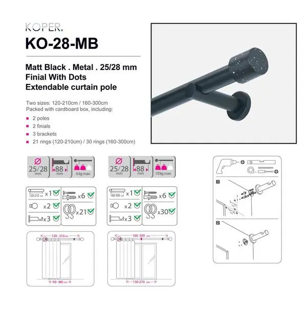 160-300CM MATT BLACK - FINIALS WITH DOTS - 25/28mm