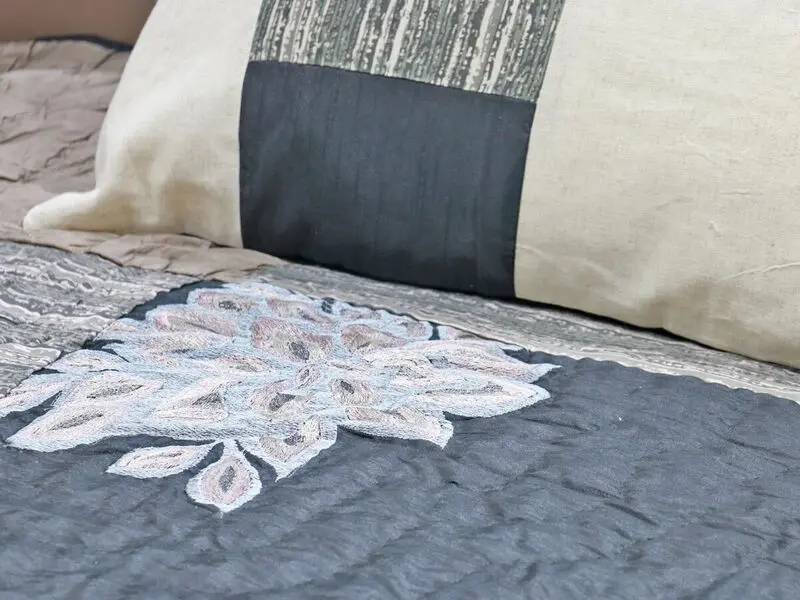 patchwork quilt black with embroidery details 240x280 cm with two pillow covers