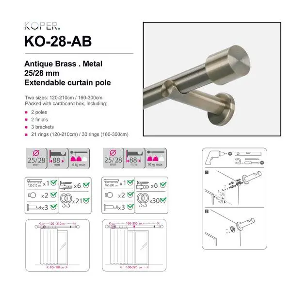 120-210CM ANTIQUE BRASS - Big Pole - 25/28mm