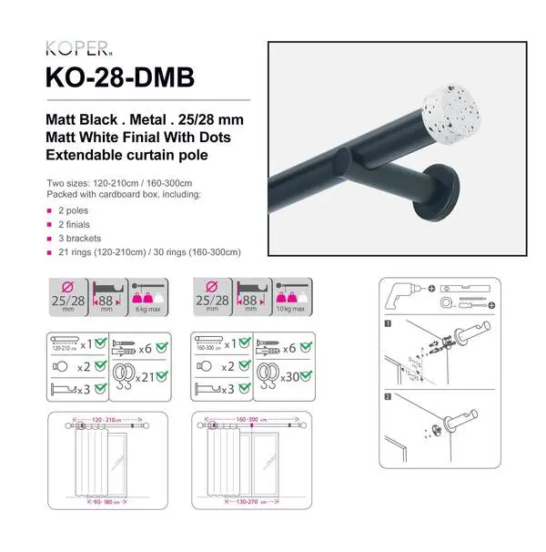 160-300CM MATT BLACK - WHITE FINIAL WITH DOTS - 25/28mm