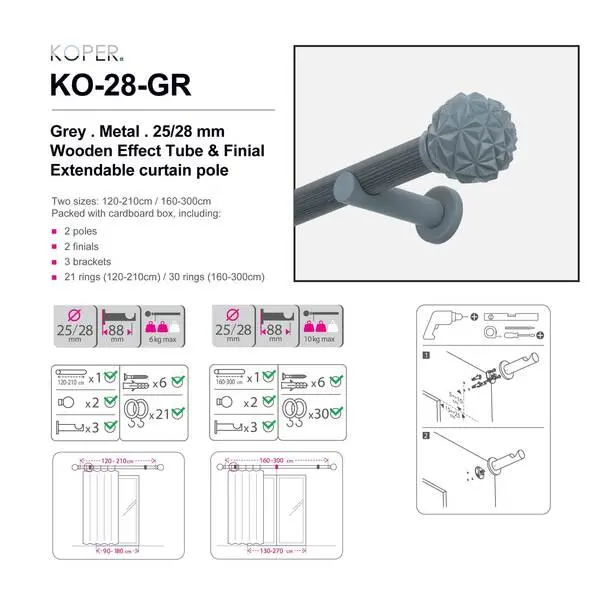 160-300CM GREY WOOD EFFECT TUBE & FINIALS - 25/28mm