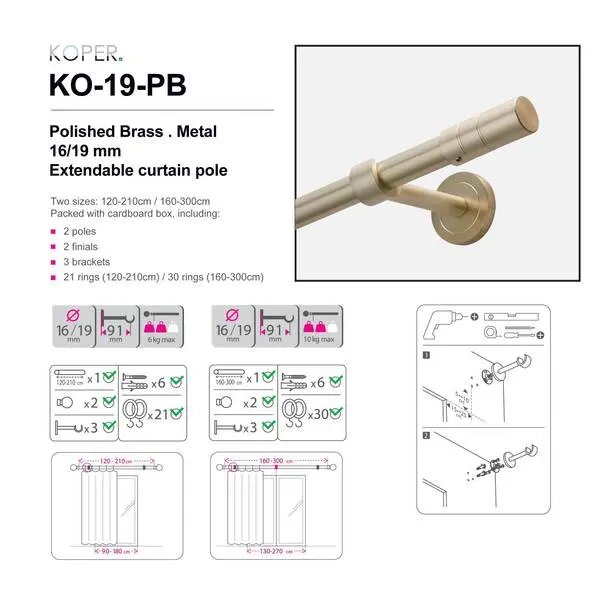 120-210CM POLISHED BRASS - small round pole - 16/19mm