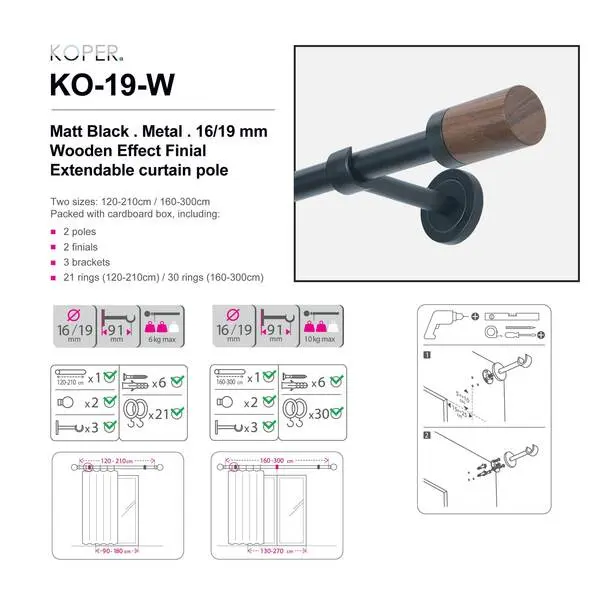 160-300CM Matt Black - wooden finials - 16/19mm