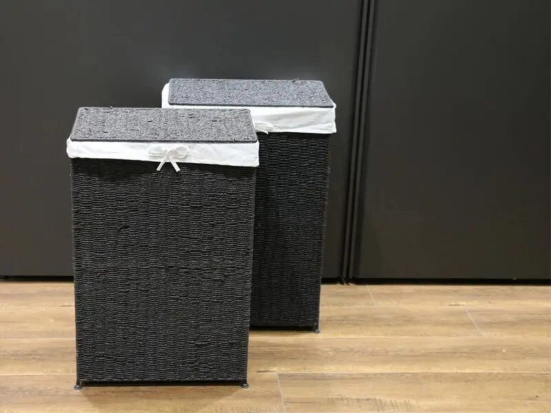 black laundry basket with fabric lining