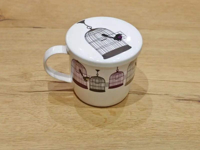 mug with bird and cage design