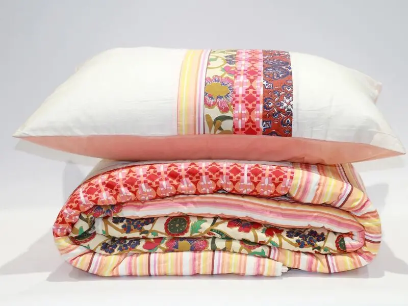 patchwork quilt orange with embroidery details 240x280 cm with two pillow covers