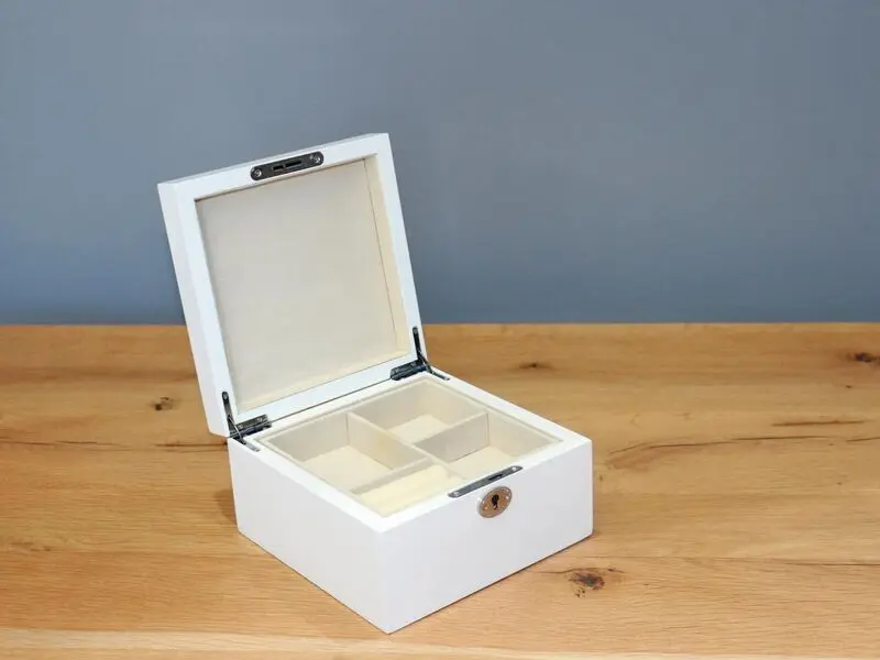 white glossy jewelry box with mirror