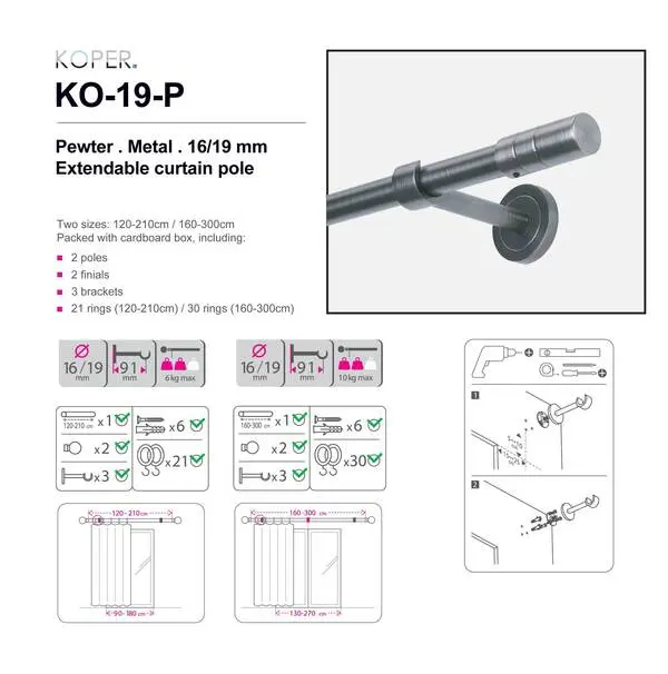 120-210CM PEWTER - small round pole - 16/19mm