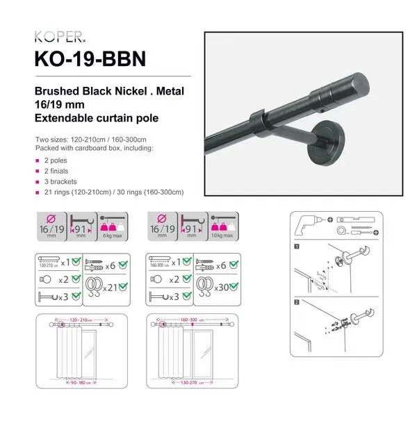 160-300CM BRUSHED BLACK NICKEL - small round - 16/19mm