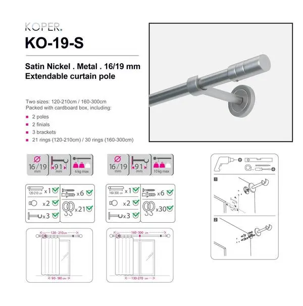 160-300CM SATIN NICKEL - small round pole - 16/19mm